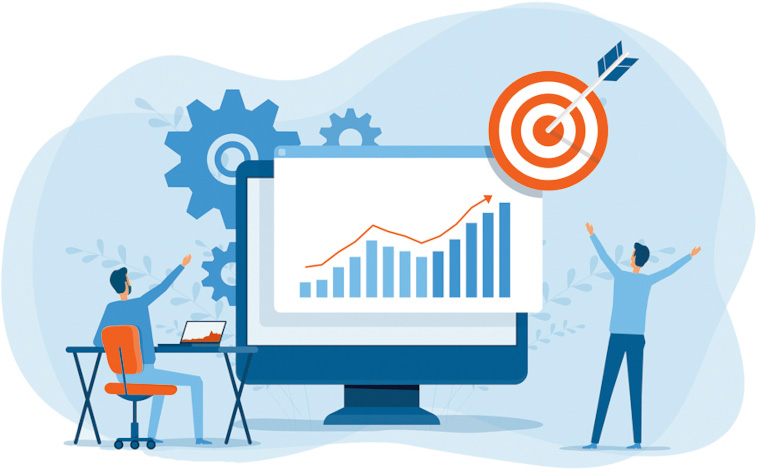 Illustration of people looking at an upward-trending graph