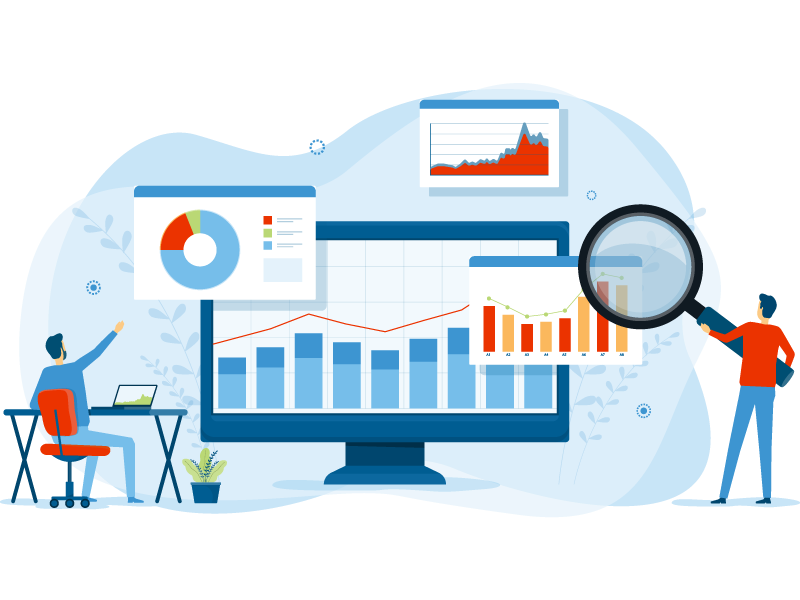 Illustration of people analyzing graphs and data