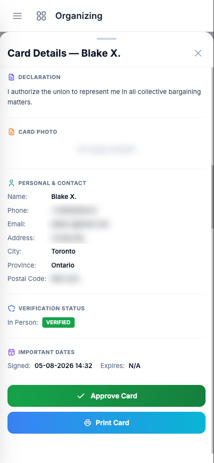 Labour board filing support in UnionX Organizing showing tracked activity history, card timestamps, outreach records, and export-ready evidence