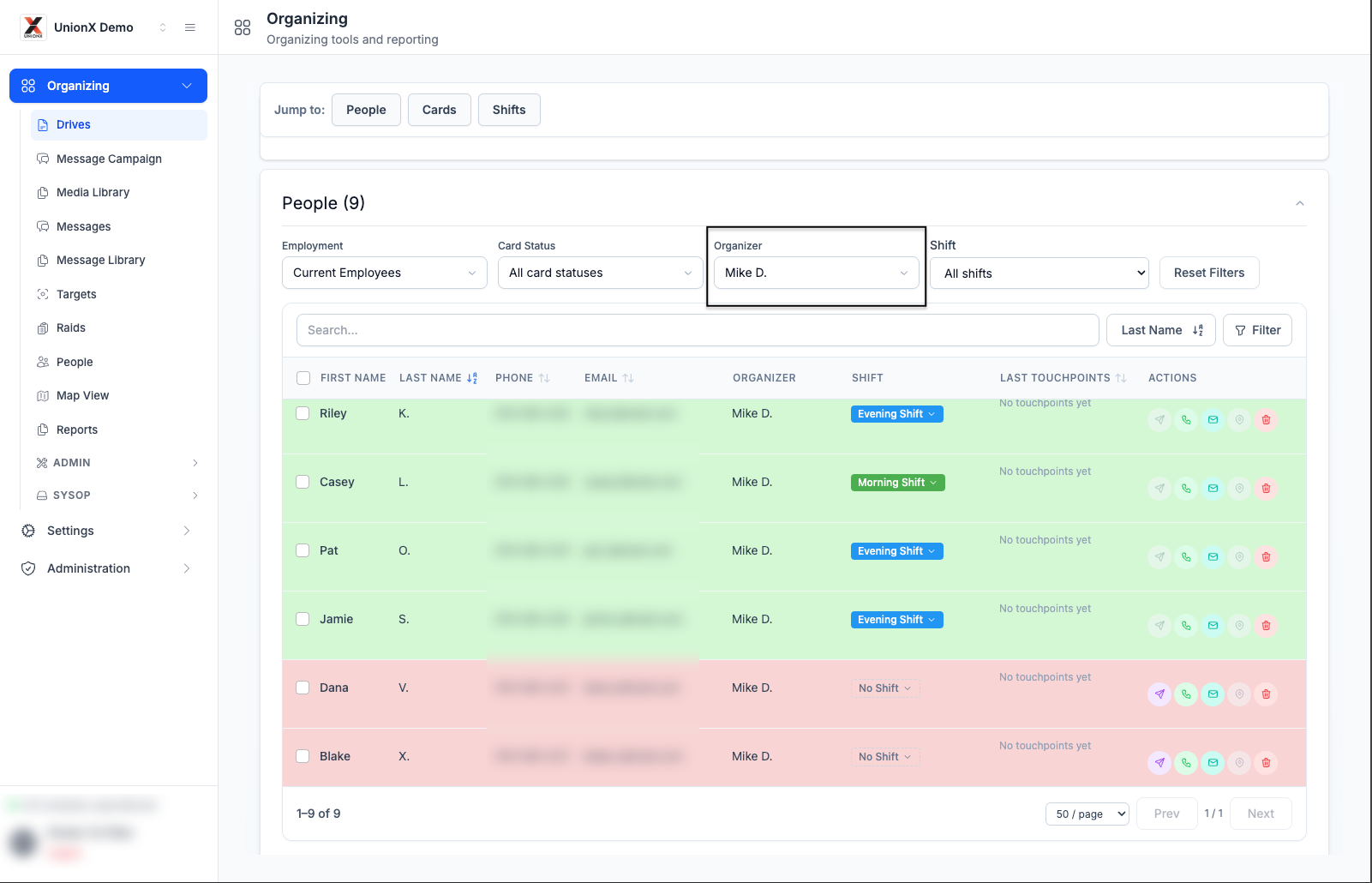 UnionX Organizing outreach coordination screen showing assigned organizers, worker sentiment, friendly and hostile status tracking, and follow-up activity