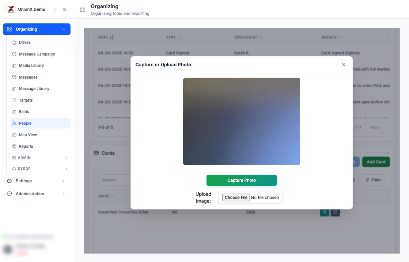 UnionX Organizing paper card tracking showing photo attachment upload and paper card records connected to worker list