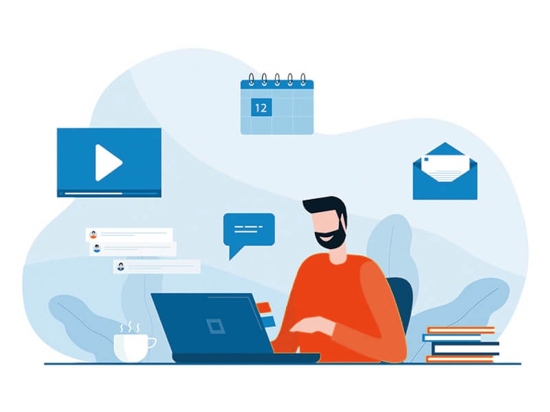 Illustration of a person at a laptop surrounded by app icons